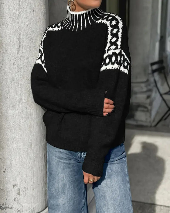 High Neck Patterned Contrast Jumper