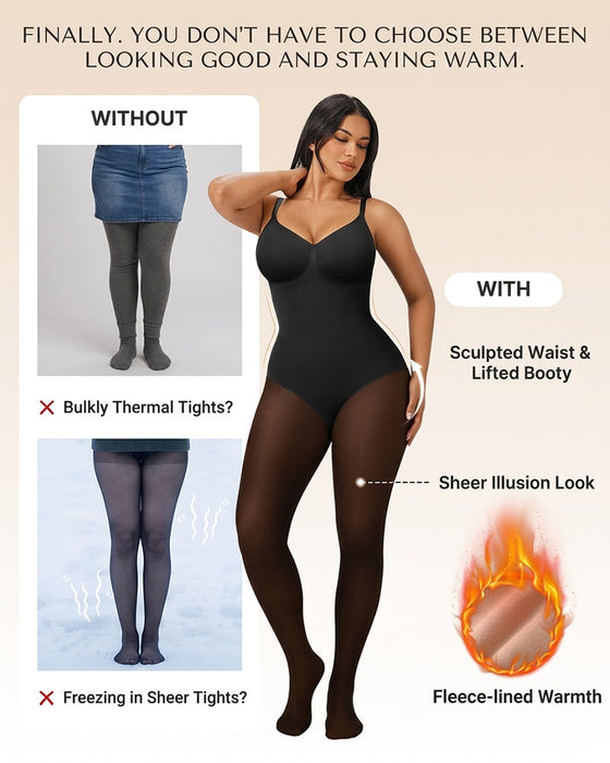 Sheer-Panel with Fleece Lined Tights Stay-Warm Tummy Control Sheer Effect Tights Bodysuit