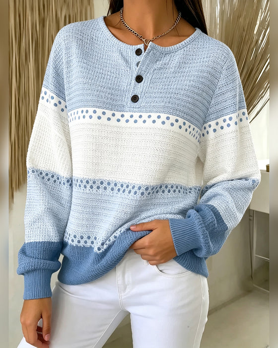 Color Block Waffle Knit Henley Pullover Sweatshirt