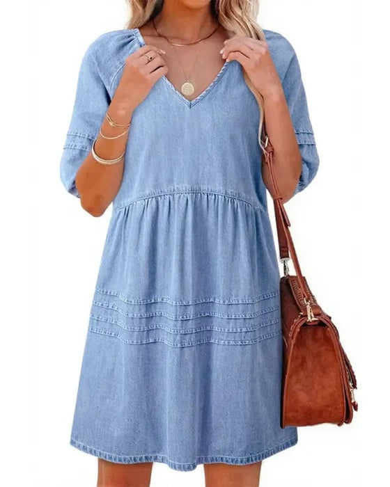 Denim V-Neck Puff Sleeve Dresses