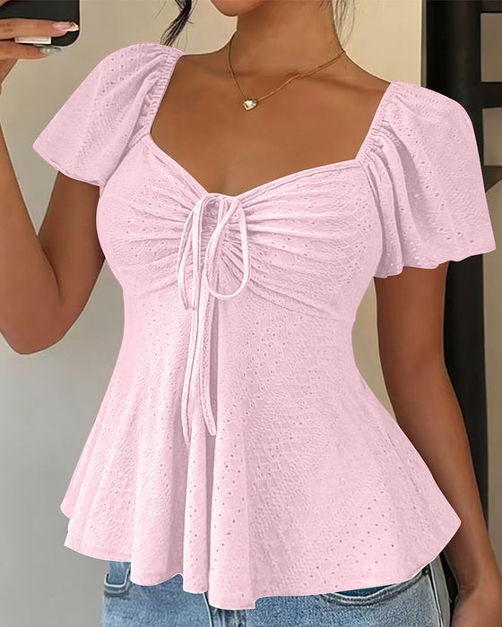 Hollow-Out Drawstring Short Sleeve Solid Color Blouse