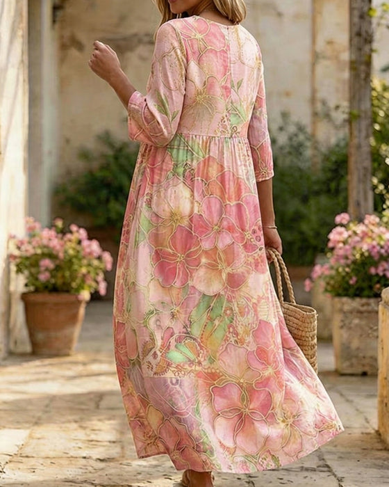Watercolor Floral Three-Quarter Sleeve Full Skirt Maxi Dress