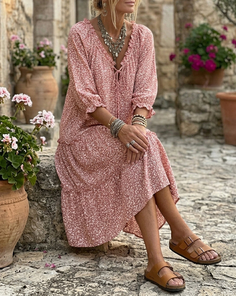 Floral Print Ruffled Tie Dress