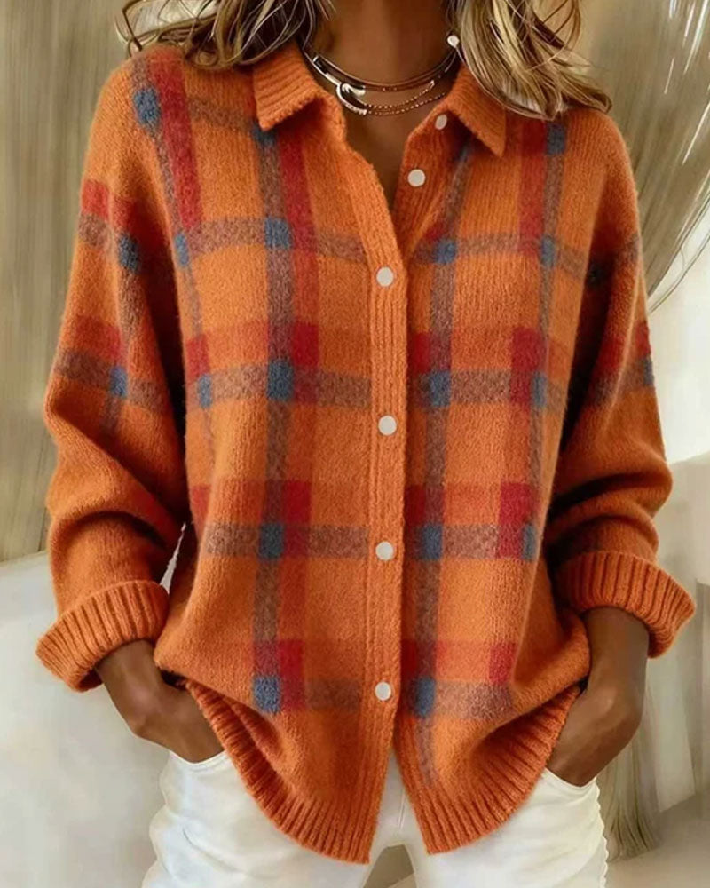 Plaid Shirt Collar Buttoned Cardigan
