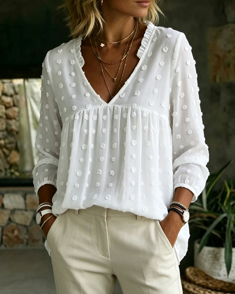 V-Neck Long Sleeve Pleated Blouse