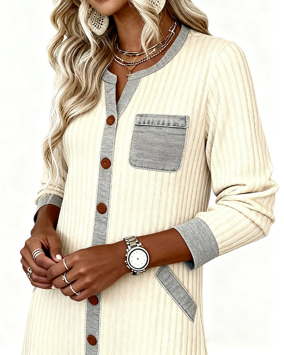Ribbed Color-Blocked Button Dress