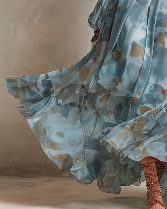 V-Neck Lantern-Sleeve Flowy Dress