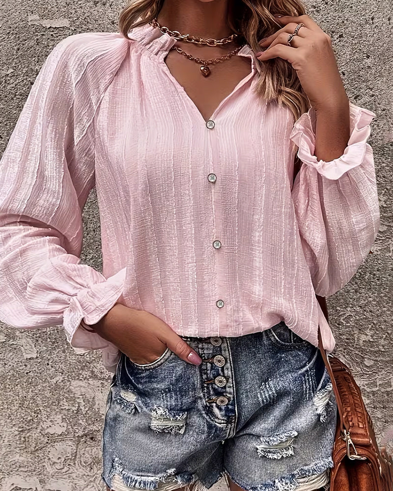 Pleated Stand Collar Ruffled Blouse