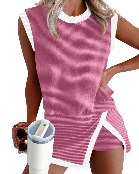 Striped Split Anti Exposure Tank Top Set