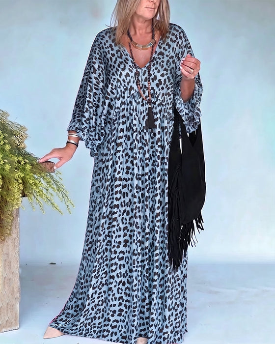 V-Neck Leopard Print Loose Fit Casual Dress