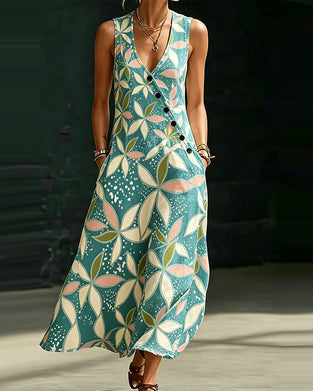 Asymmetric Button V-Neck Sleeveless Dress