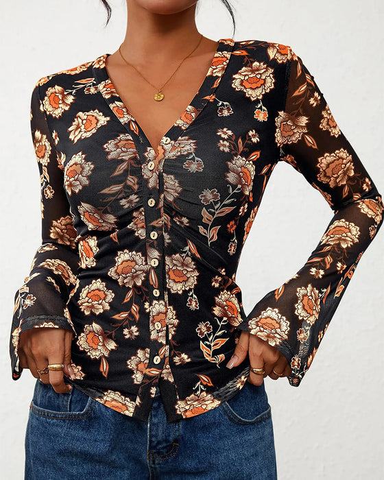 V-Neck Button Slit Fitted Top