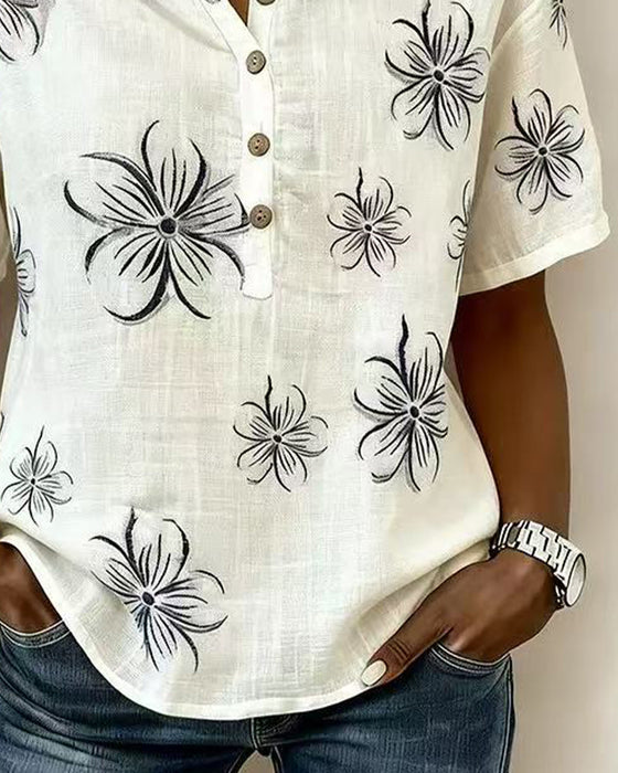 Crew Neck Button Down Floral Casual Blouse
