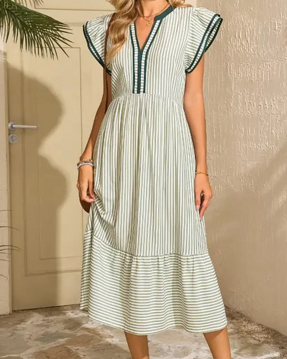 Striped Double Ruffle Short Sleeve Dress