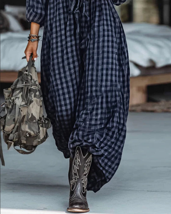 Fashionable Plaid Lapel Tie Dress