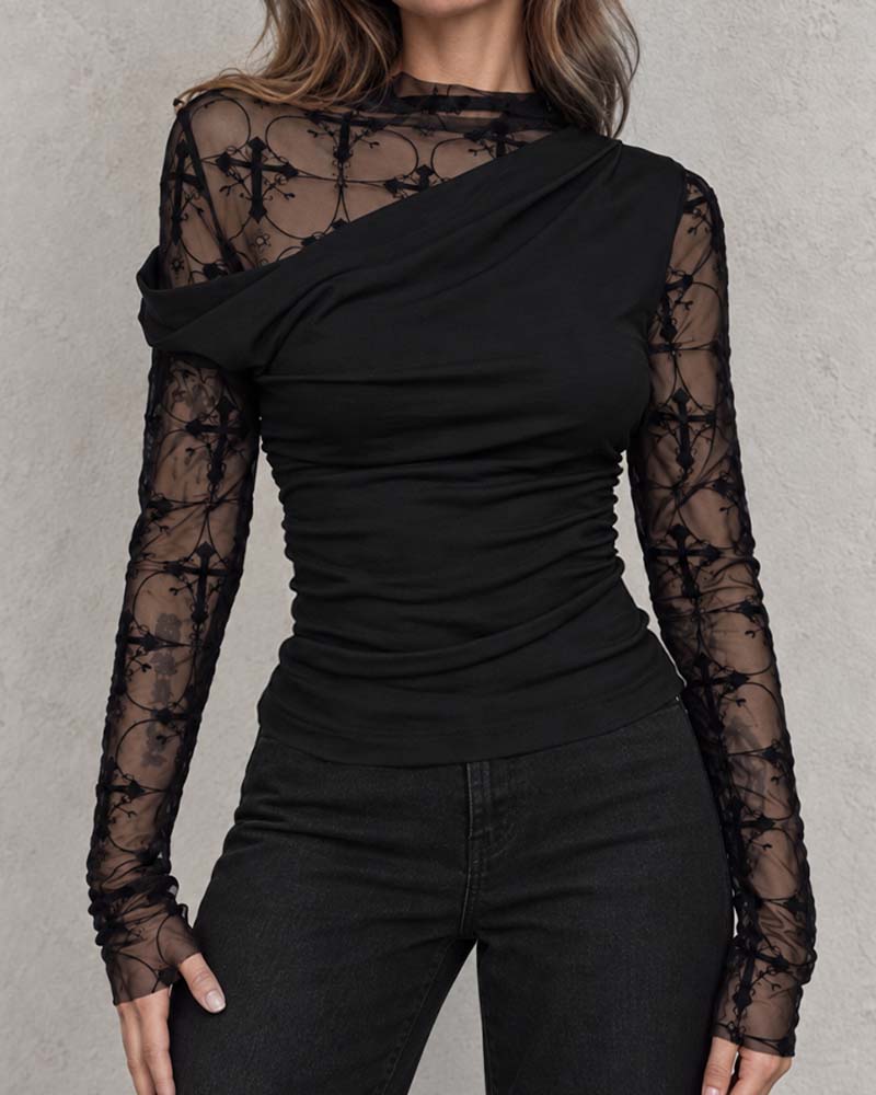 High Neck One-Shoulder Layered Mesh Fitted Top