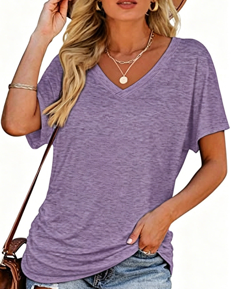 Pleated Solid Color V-Neck T-Shirt