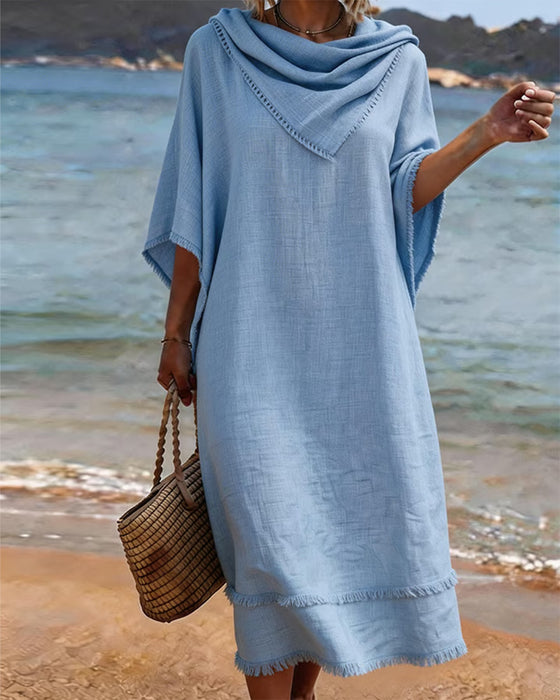 Hooded Neck Scarf Tassel Solid Color Dress