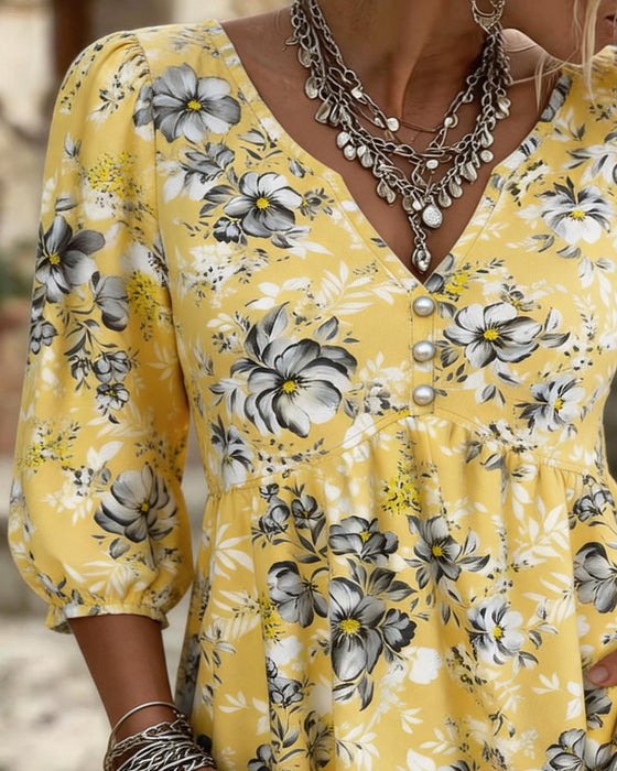 V-Neck 3/4 Sleeve Floral Blouse