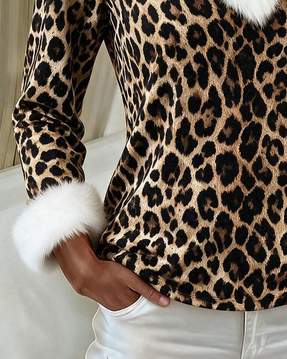 V-Neck Fur Collar Leopard Top