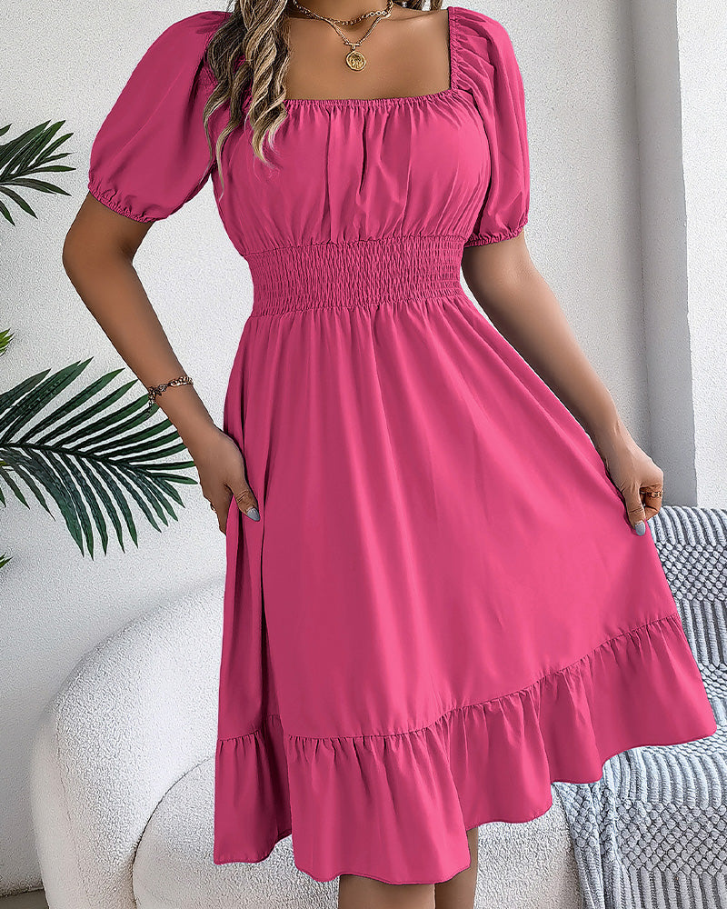 Square Neck Cinched Waist Ruffle A-Line Dress