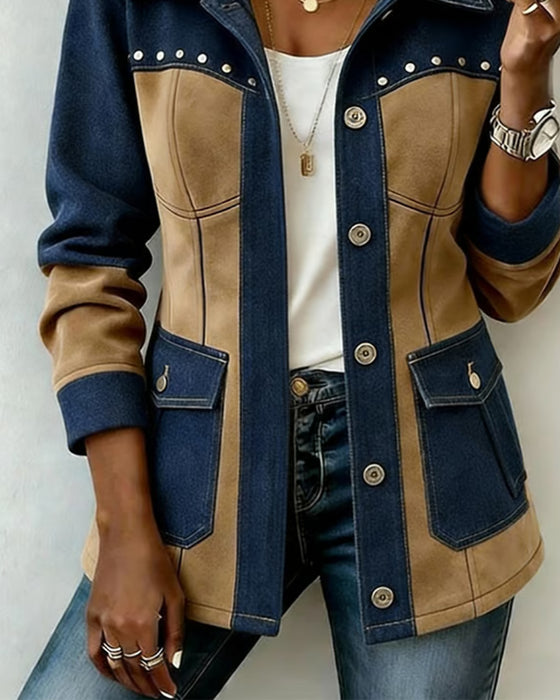 Hooded Zipper Pocket Denim Panel Coat