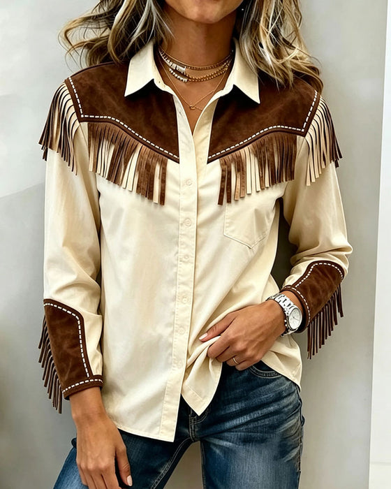 Fringed Splicing Contrast Color Long Sleeve Shirt