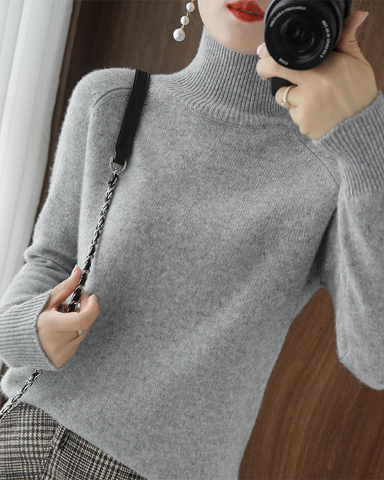 Simple solid color high collar long sleeve sweater