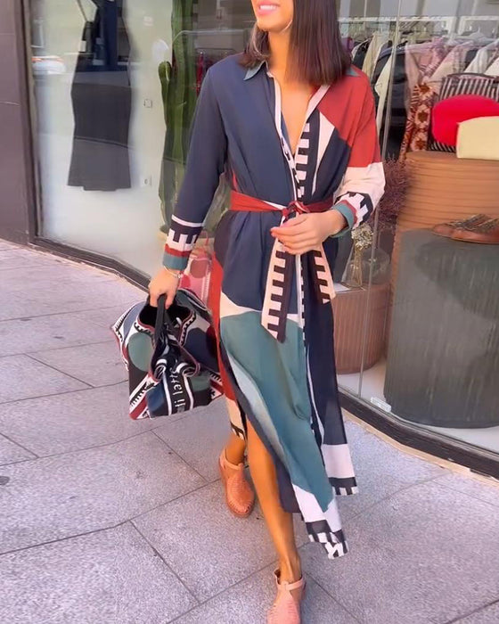 Casual color block printed lapel lace-up dress