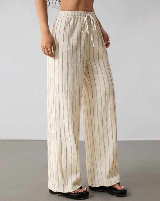Striped Drawstring Casual Wide-Leg Pants