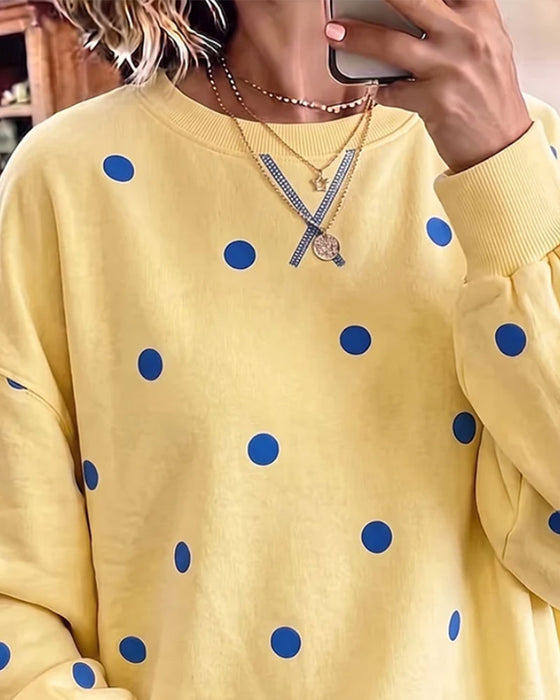 Crewneck Polka Dot Slit Drop Shoulder Asymmetric Sweatshirt
