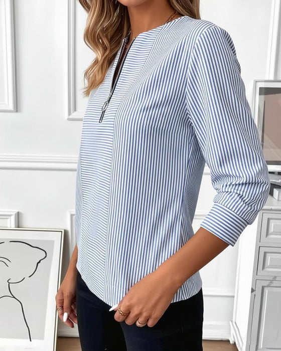 Striped Patchwork Zip Up Blouse