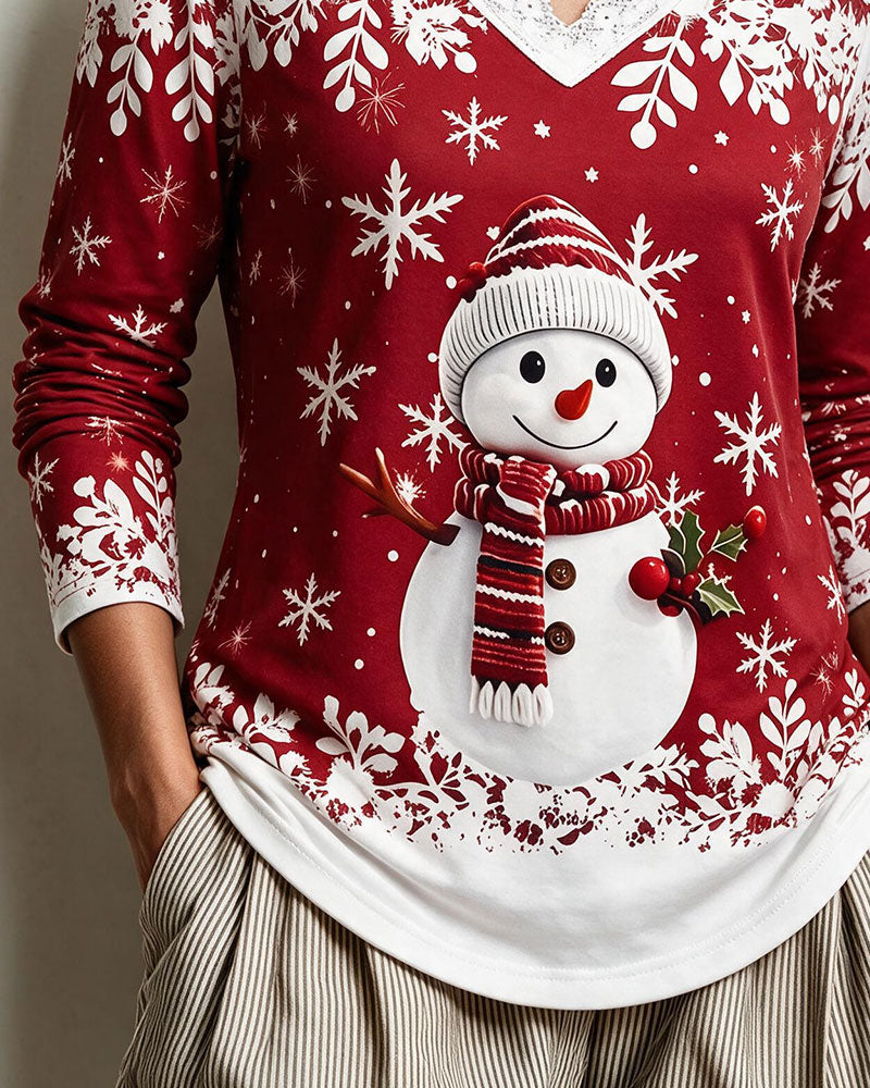 V-Neck Lace Trim Christmas Style Top