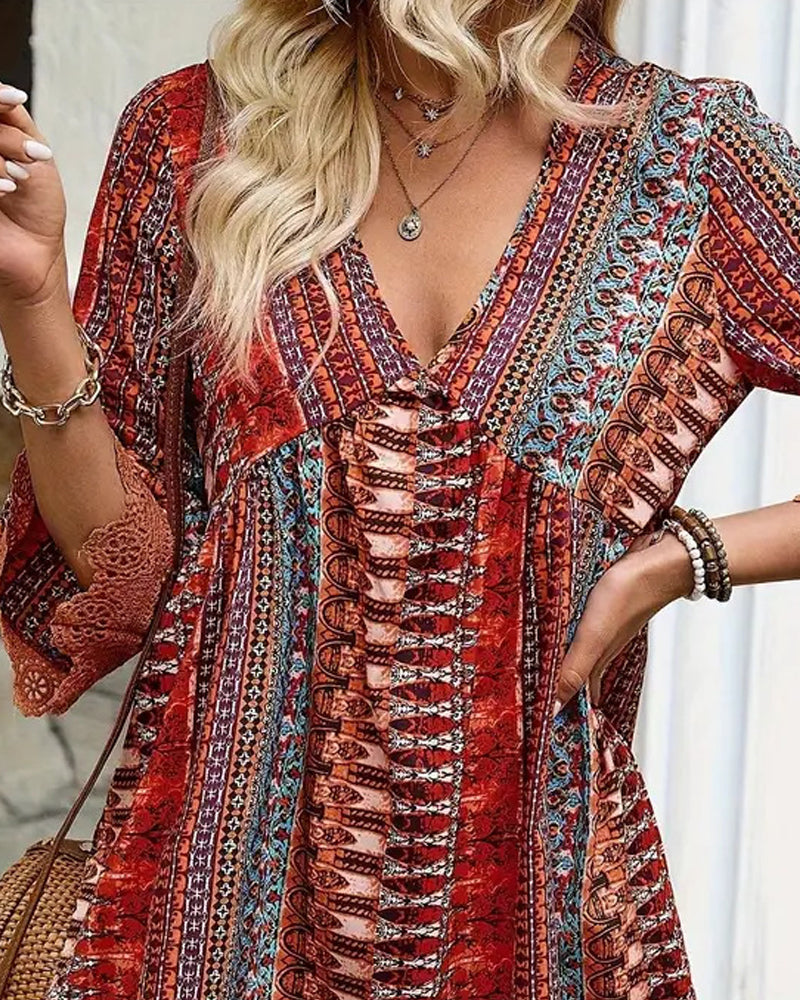 V-Neck Lace Three-Quarter Sleeve Dress
