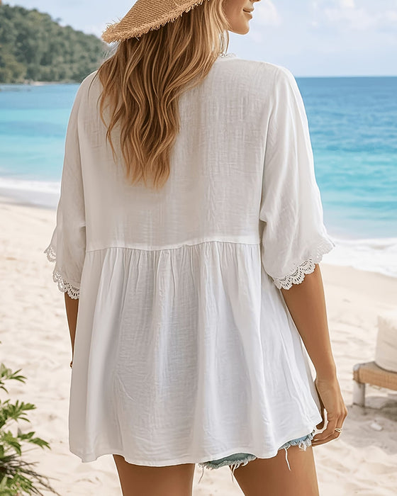 V-neck Button Half Sleeve Blouse