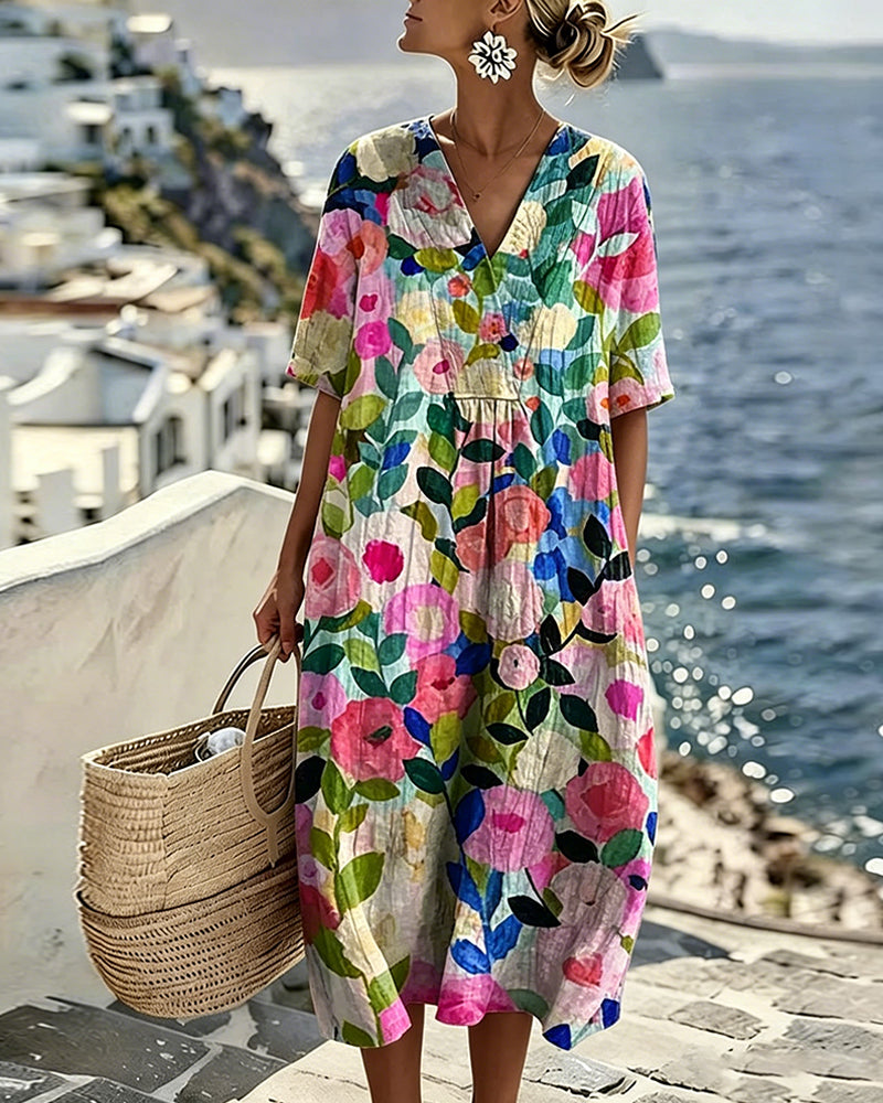 Watercolor Floral V-Neck Dress