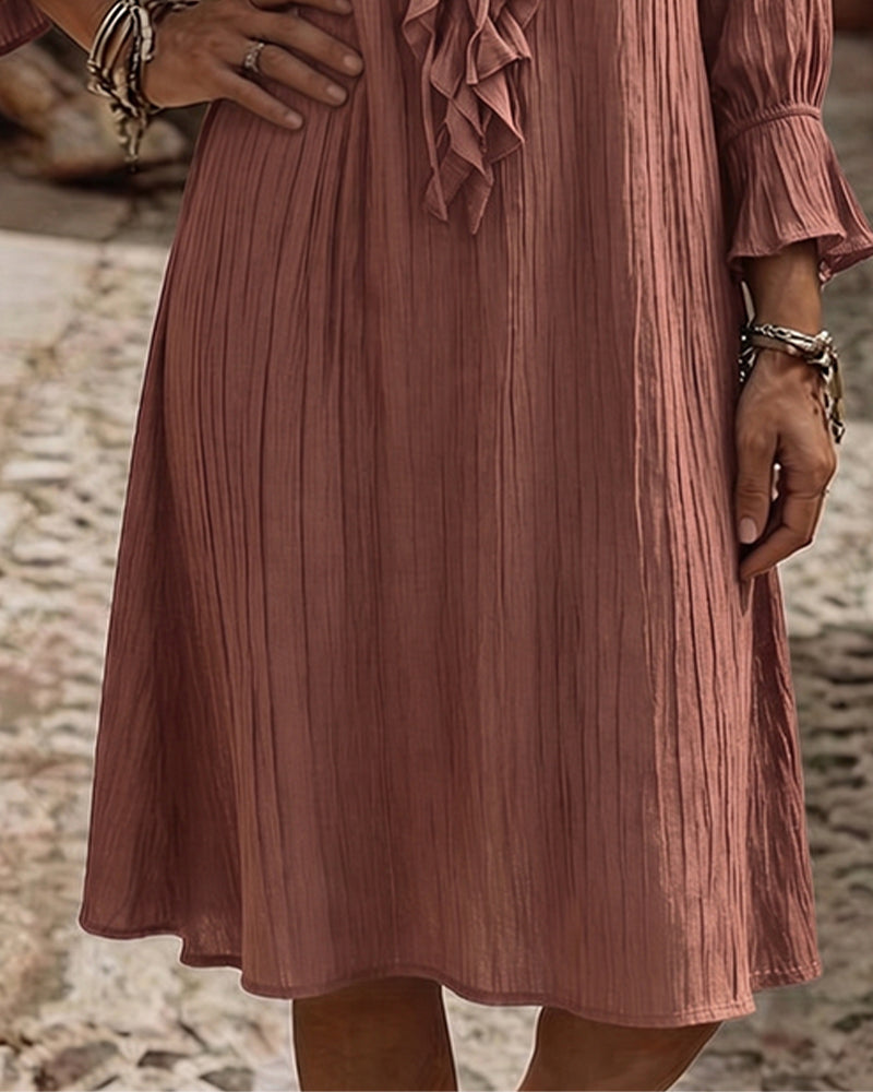 Ruffle Collar Tie Three Quarter Sleeve Dress