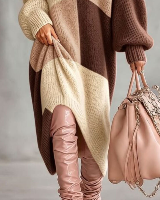 Plaid Color Block V-Neck Long Sweater Dress