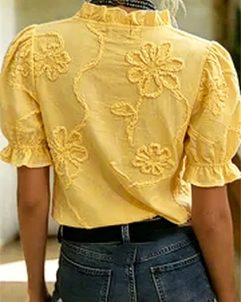 V-Neck Ruffle Trim Puff Sleeve Blouse