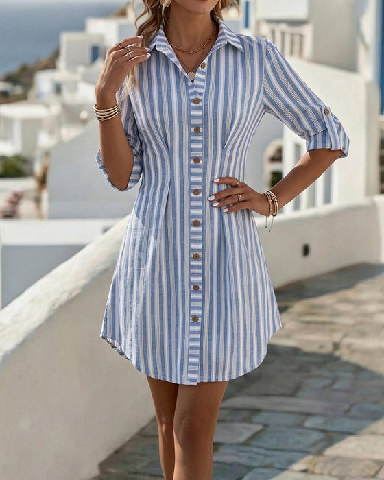 Vertical Striped Button Waisted Shirt Dress