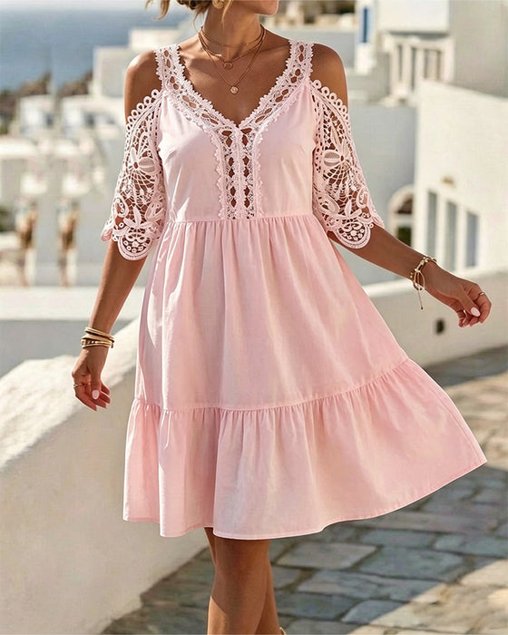 Lace Off-Shoulder Tiered Short Dresses