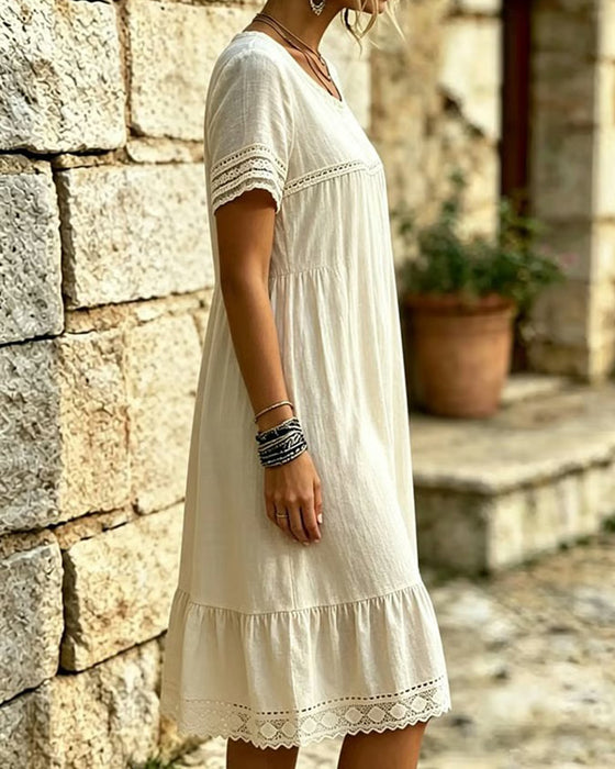 Lace Ruffle Round-Neck Short-Sleeve Dress