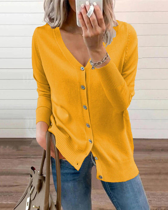 Plain Knitted Top With Button Closure And V-Neck For Women