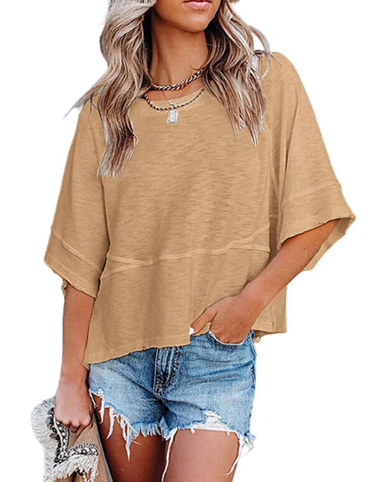 Non-Slit Patched Solid Color Bell Sleeve T-Shirt