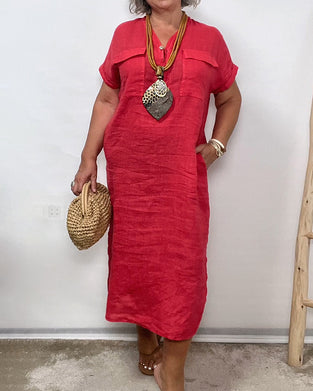 V-Neck Button Pocket Solid Dress