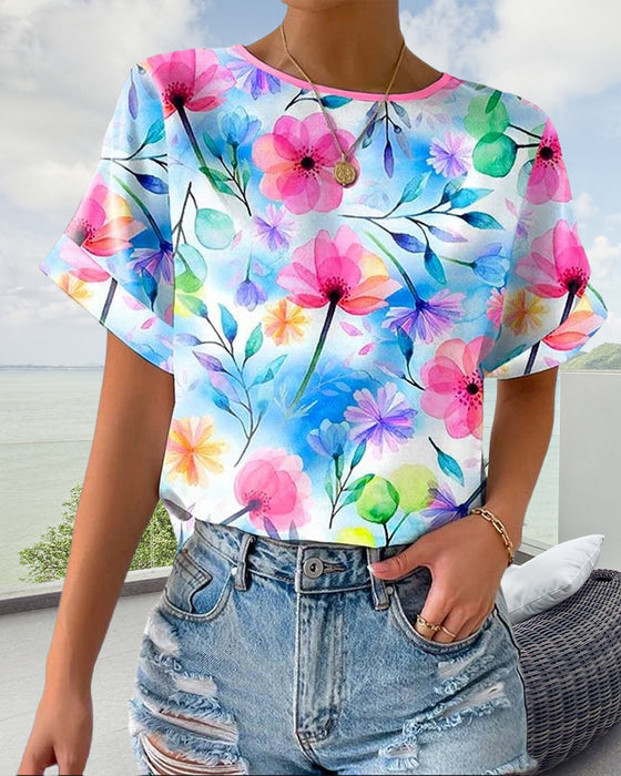 Printed Crew Neck Short Sleeve Blouse