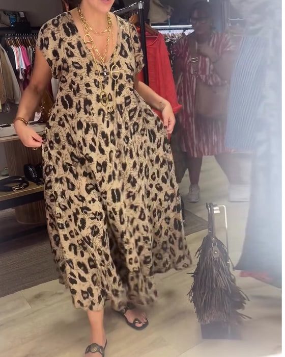 V-Neck Leopard Short Sleeve Dress
