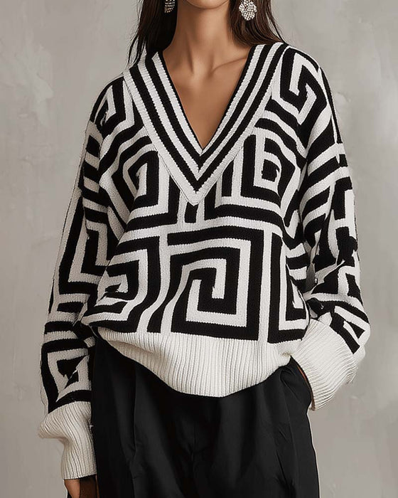 Geometric pattern V-neck knitted Pullovers