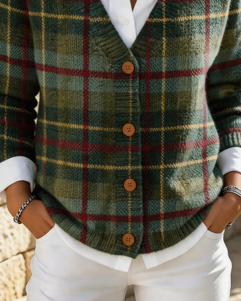 Vintage Plaid V-Neck Button Cardigan