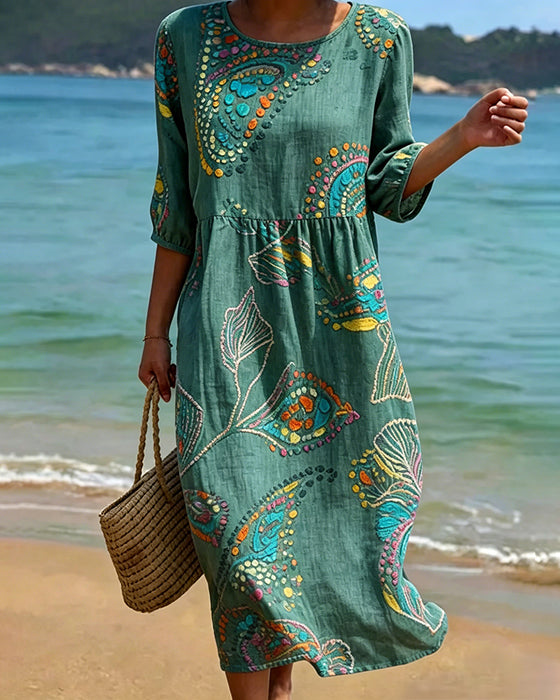 Print Round Neck Shirred Casual Dress
